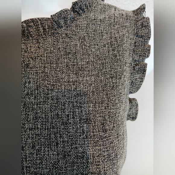 LOFT Grey & Black Tweed Sleeveless Sheath Dress Ruffle Neck & Sleeves. Cotton - Picture 2 of 9